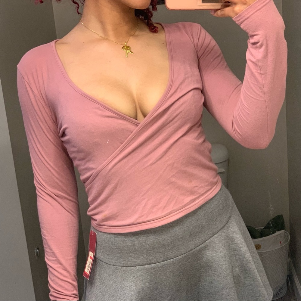 Mauve Deep-V Plunge Long Sleeve Wrap Top